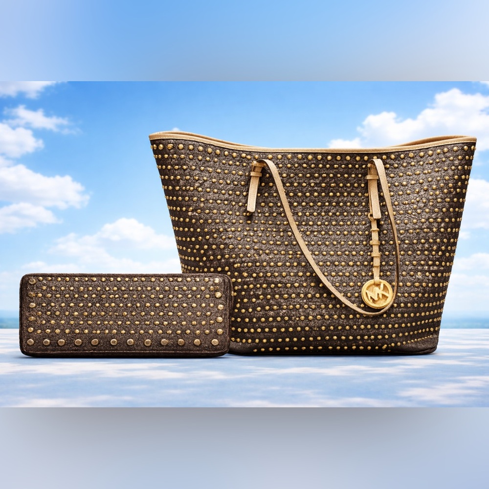 Michael Kors Brown and Gold Studded Tote & Wallet Combo